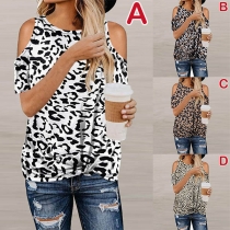 Sexy Off-shoulder Short Sleeve Twisted Hem Leopard Printed T-shirt