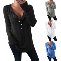 Fashion Solid Color Long Sleeve V-neck Loose T-shirt
