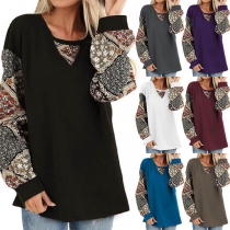 Fashion Printed Spliced Lantern Sleeve Round Neck Loose Top