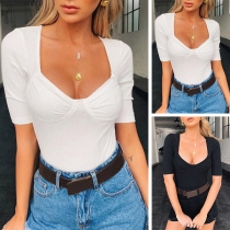 Sexy U-neck Short Sleeve Solid Color Bodysuit
