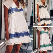 Chic Style Contrast Color Short Sleeve V-neck Tassel Spliced Dress
