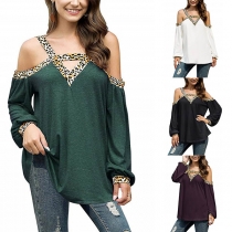 Sexy Off-shoulder Long Sleeve V-neck Leopard Printed Spliced Top