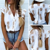 Fashion Lotus Sleeve V-neck Pineapple Printed Top