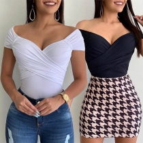 Sexy V-neck Short Sleeve Solid Color Slim Fit Bodysuit