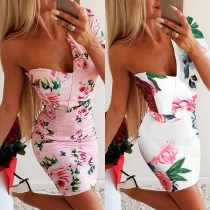 Sexy One-shoulder 3/4 Sleeve Asymmetric Slim Fit Printed Dress