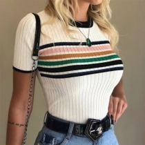 Fashion Short Sleeve Round Neck Slim Fit Striped Top