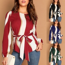 Fashion Long Sleeve Round Neck Striped Blouse with Waist Strap