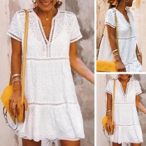 Fashion Short Sleeve V-neck Hollow Out Lace Spliced Dress