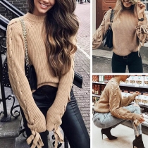 Fashion Solid Color Lace-up Long Sleeve Round Neck Sweater