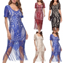 Sexy Lace Spliced Short Sleeve V-neck Tassel Hem Slim Fit Dress