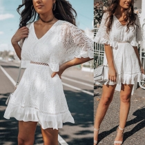 Sexy Lace Spliced V-neck Half Sleeve Ruffle Hem Dress