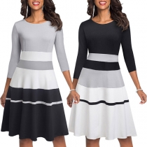 Fashion Contrast Color 3/4 Sleeve Round Neck A-line Dress