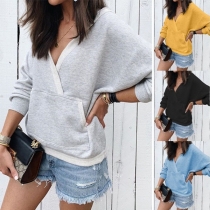 Fashion Solid Color Long Sleeve V-neck Hooded Sweatshirt