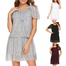 Fashion Solid Color Short Sleeve Round Neck Lace Dress