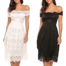 Sexy Off-shoulder Boat Neck High Waist Lace Dress