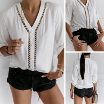 Sexy V-neck Long Sleeve Solid Color Hollow Out Top