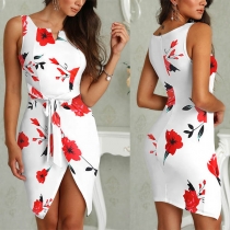 Sexy Slit Hem Sleeveless V-neck Slim Fit Printed Dress