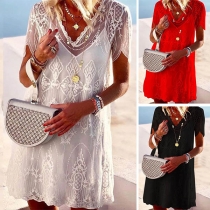 Sexy V-neck Short Sleeve Lace Spliced Dress