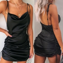 Sexy Backless Side-drawstring Solid Color Sling Dress