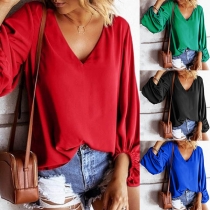 Fashion Solid Color Lantern Sleeve V-neck Loose Top