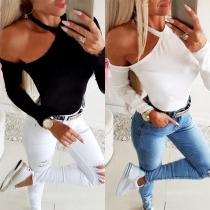 Sexy Off-shoulder Long Sleeve Solid Color Slim Fit T-shirt