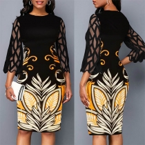 Fashion Gauze Spliced 3/4 Sleeve Round Neck Slim Fit Printed Dress