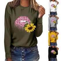 Chic Style Lip Sunflower Printed Long Sleeve Round Neck T-shirt