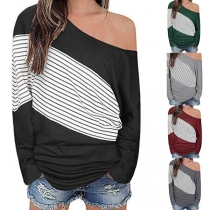 Sexy Oblique Shoulder Long Sleeve Striped Spliced T-shirt