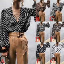 Sexy Lace-up V-neck Lantern Sleeve High-low Hem Printed Blouse