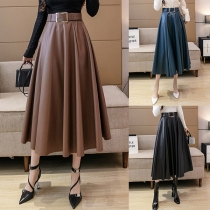 Fashion Solid Color High Waist PU Leather Skirt with Waistband
