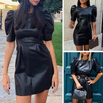 Fashion Lantern Sleeve Round Neck High Waist Slim Fit PU Leather Dress