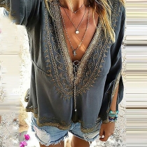 Retro Style Long Sleeve V-neck Embroidered Spliced Loose Top