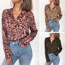 Sexy V-neck Long Sleeve Leopard Printed Shirt