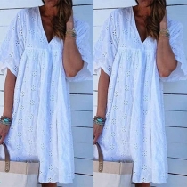 Fashion Short Sleeve V-neck Loose Lace Dress