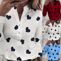 Sweet Style Long Sleeve V-neck Heart Printed Shirt
