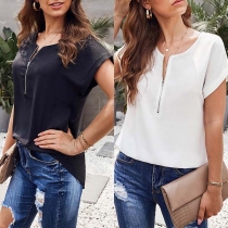 Fashion Solid Color Short Sleeve Round Neck Arc Hem Top