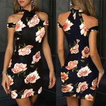 Sexy Off-shoulder Mandarin Collar Slim Fit Printed Dress