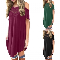 Sexy Off-shoulder Short Sleeve Irregular Hem Lace Spliced Dress