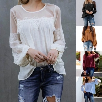Sexy Gauze Spliced Long Sleeve Round Neck Loose Top