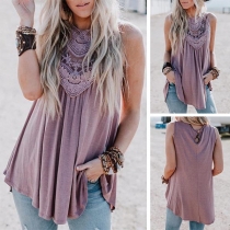 Fashion Solid Color Sleeveless Round Neck Lace Spliced Top
