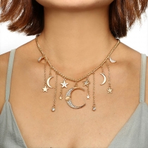 Fashion Rhinestone Inlaid Crescent Star Pendant Necklace