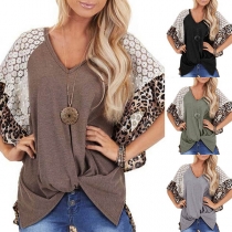 Fashion Lace Leopard Spliced Lotus Sleeve V-neck Twisted Hem T-shirt