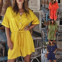 Fashion Solid Color Short Sleeve V-neck High Waist Romper