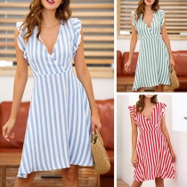 Sweet Style Lotus Sleeve V-neck High Waist Striped A-line Dress