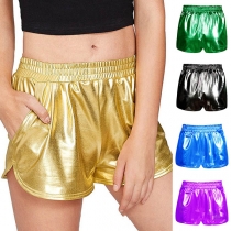Fashion Solid Color Elastic Waist PU Leather Shorts