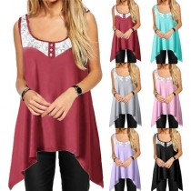Fashion Sleeveless Round Neck Irregular Hem Lace Spliced Top