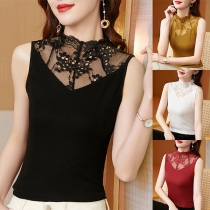 Sexy Backless Lace Spliced Sleeveless Mock Neck Slim Fit Top