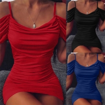 Sexy Off-shoulder Short Sleeve Solid Color Slim Fit Dress