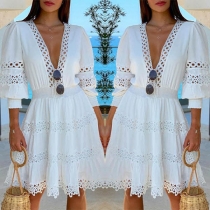 Sexy Lace Spliced Half Sleeve Deep V-neck Elastic Waist Dress