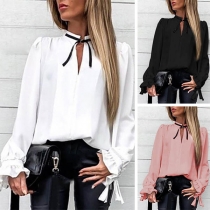 OL Style Long Sleeve V-neck Solid Color Blouse(The size runs big)